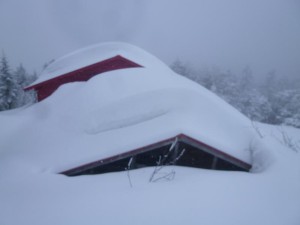 雪に埋もれる越百山小屋。新雪は20～30センチ